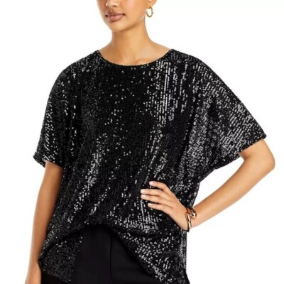 NWT CAROLINE ROSE $388 Black Sequin Caftan Crewneck Short Sleeves Top Size XL