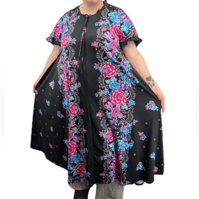 Vintage 70s Floral House Dress Womens Size 1X - 3X Plus Black Blue Ruffle Maxi