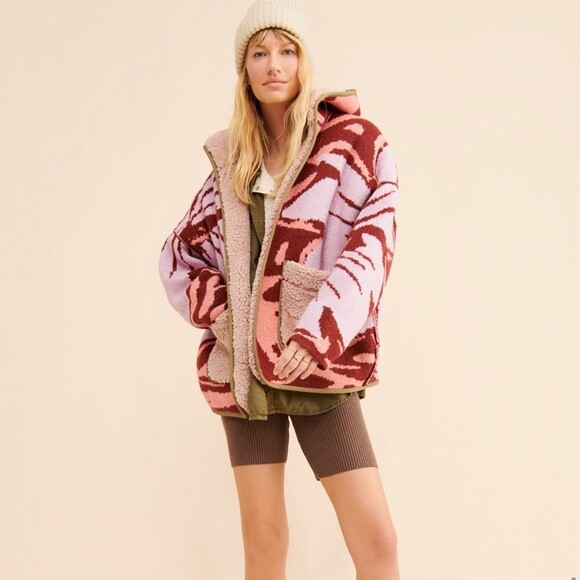 Pre-owned Free People Winter Chill Jacket Coat $268 S M L Reversible Oversized Fleece In Multicolor