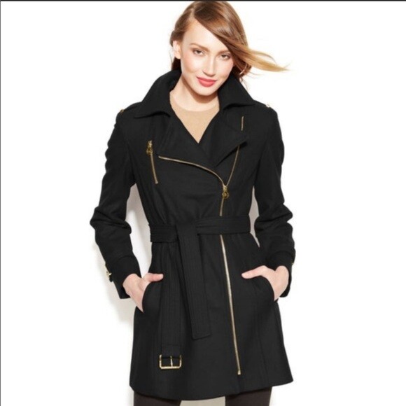 Michael Kors Asymmetrical Zip Up Black & Gold Winter Pea