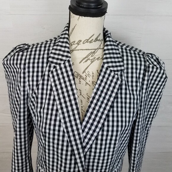WHO WHAT WEAR Gingham Silky Blazer NWT Size Large White Black Puffy Shoulder