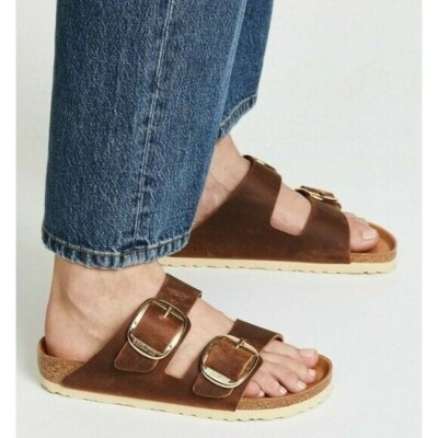 BIRKENSTOCK ARIZONA BIG BUCKLE SLIDE SANDAL ANTIQUE COGNAC OILED SZ 7-7.5US/ 38