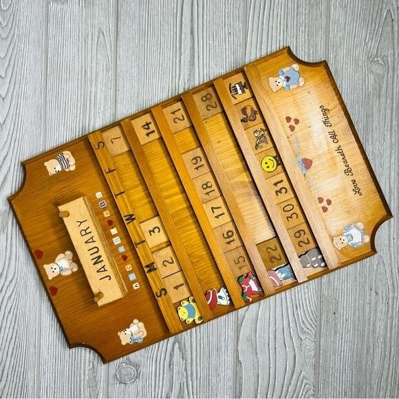 Vintage Wood Hand Made Perpetual Wall Calendar w/ bears and hearts missing parts