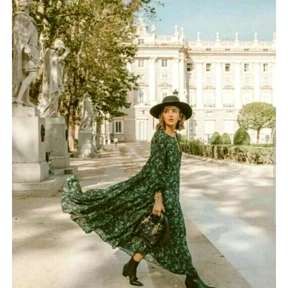 Zara The Angel Green Black Floral Midi Maxi Tiered Smock Dress