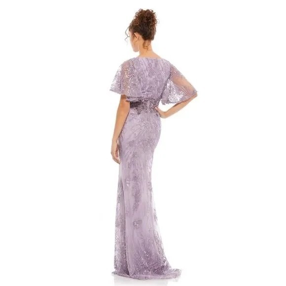 Pre-owned Mac Duggal Vintage Lilac Flutter Sleeve Evening Gown Maxi Dress Size 8 67493 In Purple