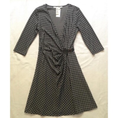 Max Studio Midi Faux Wrap Dress 3/4 Sleeve V-Neck Geometric Black Medium