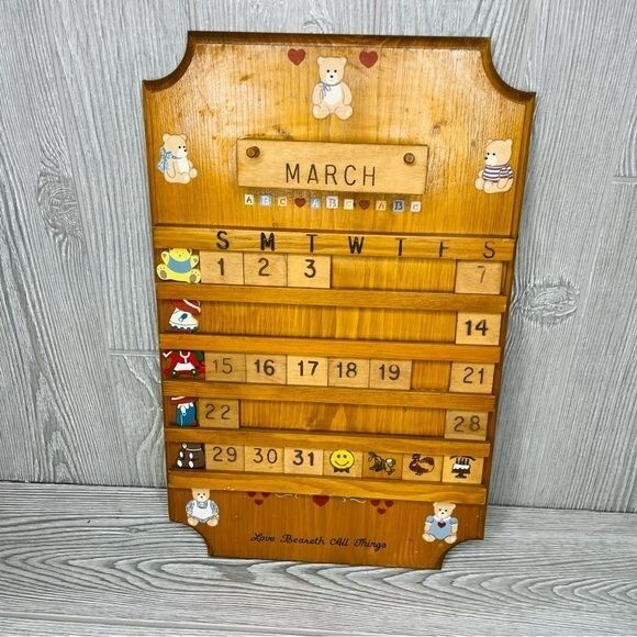 Vintage Wood Hand Made Perpetual Wall Calendar w/ bears and hearts missing parts