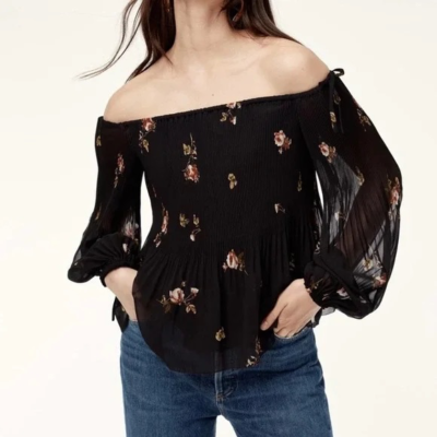Aritzia WILFRED Talence Black Floral Blouse Top Prairie Off Shoulder Pleat Small
