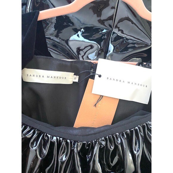 Pre-owned Sandra Mansour Faux Patent Leather Ruffled Dress Size 38 (us4) Run Small In Black
