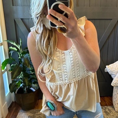 S New Lace Cotton Gauze Sleeveless Blouse Gunne Vtg Insp Tank Top Womens SMALL