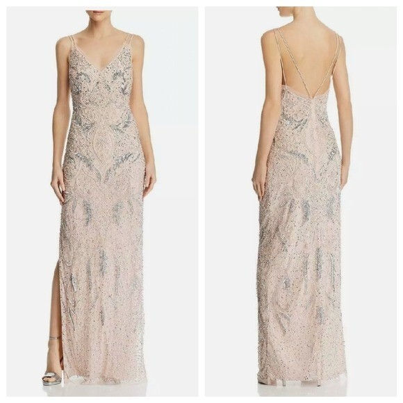 Pre-owned Aidan Mattox Petal Blush Deco Beaded Sequin Formal Evening Maxi Gown In Pink