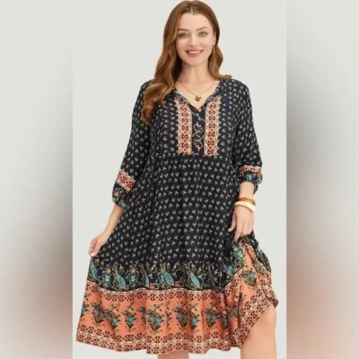 NWT 14/16 1X Indigo Blue & Orange Bandana Print Tassel Lantern Sleeve Neck Dress