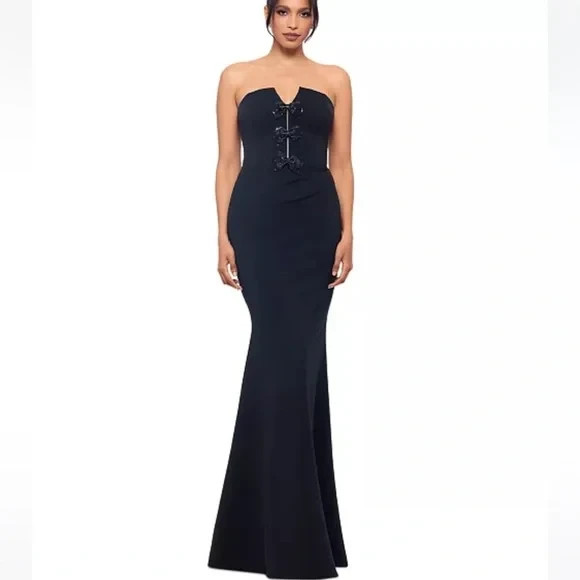 Betsy & Adam Black Crystal Bowtie Strapless Trumpet Gown Size 4 $299