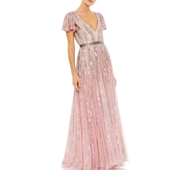 Pre-owned Mac Duggal Rose Pink Stripe Sequin Embellished Evening Gown Size 6 $498
