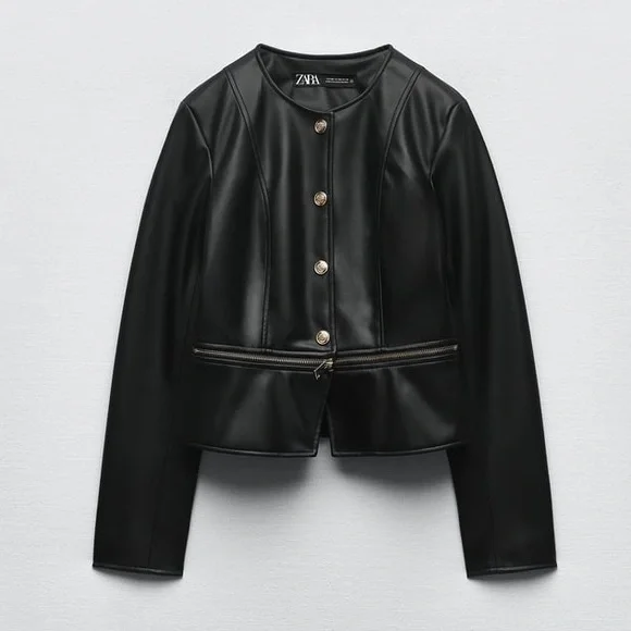 ZARA Black 2 in 1 Faux Leather Snap Jacket Zip Crop Length ZARA Black 2 in 1 Faux Leather Snap Jacket Zip Crop Length