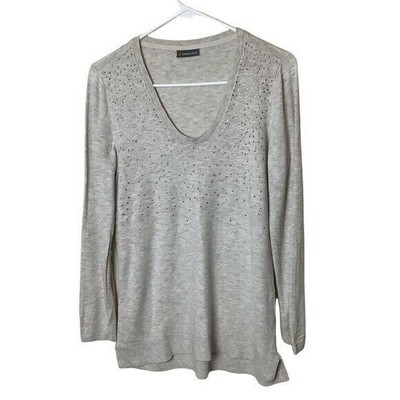 Street One Women s Scoop Neck Beaded Heather Gray Long Sleeve Sweater Size Large