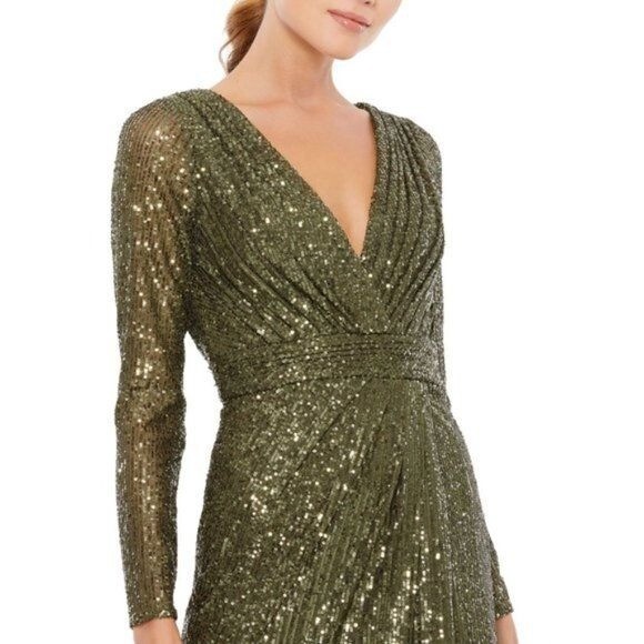 Pre-owned Mac Duggal Ienna For  Sequin Long Sleeve Maxi Gown Olive Green Size 10 26490