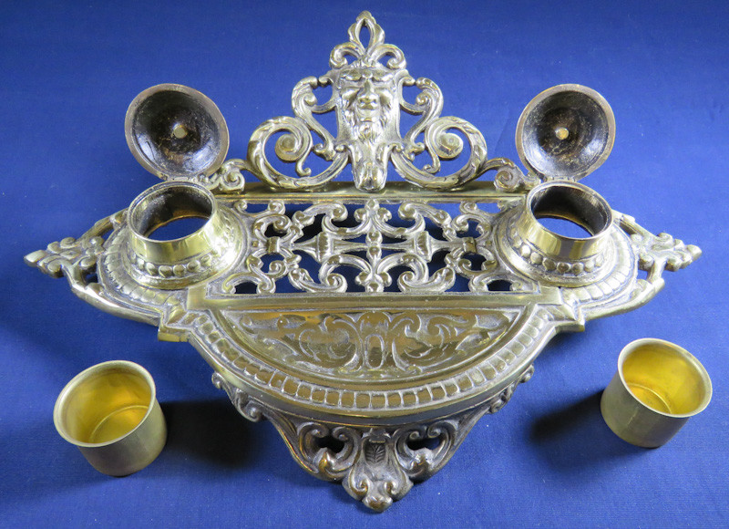 Vintage Footed Brass Bronze Inkstand with Double Brass Inkwells Brass Lid Japan