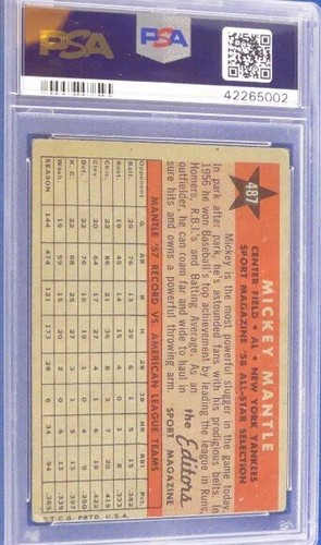 1958 MICKEY MANTLE, NY Yankees, Topps All Star, PSA 2 Good #487, Authentic