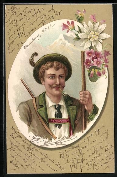 Wanderer In Tracht Mit Edelweiss Im Mund, Ansichtskarte 1902 