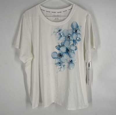 

Calvin Klein Womens, синяя футболка с цветочным принтом, мягкий белый цвет, большой размер, Soft white