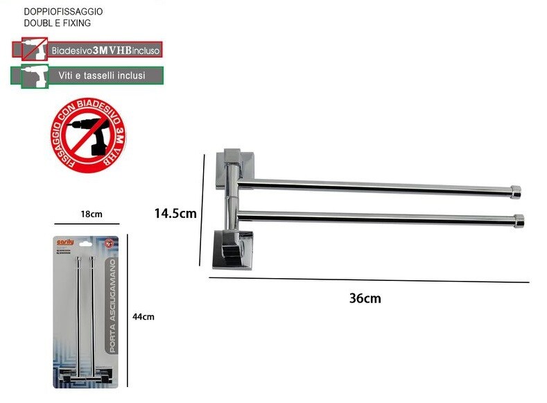 Porta Asciugamani 2 Bracci A Parete Bagno Acciaio Cromato Square dfh