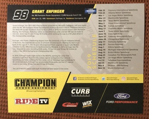 Grant Enfinger 2019 Champion #98 Ford Signed Autographed Nascar Racing Postcard