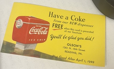 2 OLD VINTAGE Paper Olson's READING PA 1949 Coca Cola Coke Dispenser Free Coupon