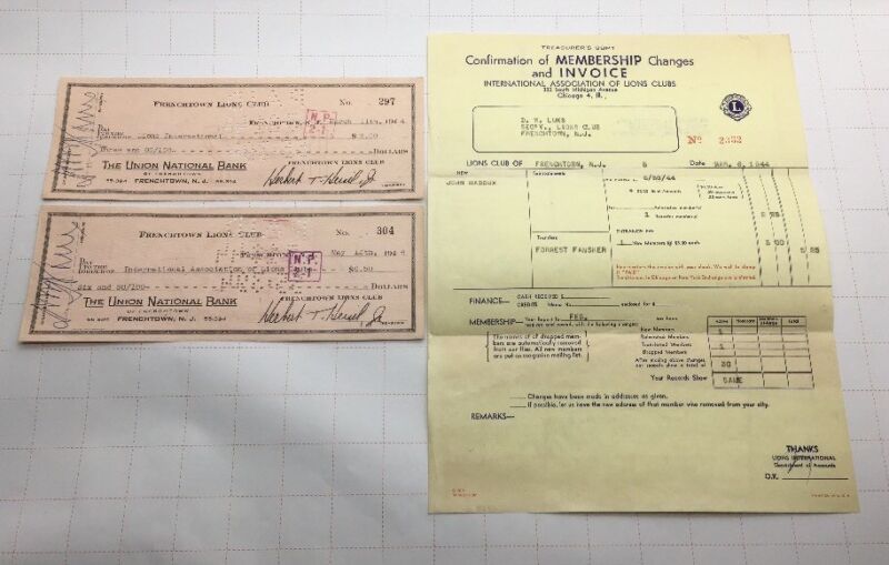(2) 1944 Frenchtown Lions Club The Union National Bank Checks With Invoice