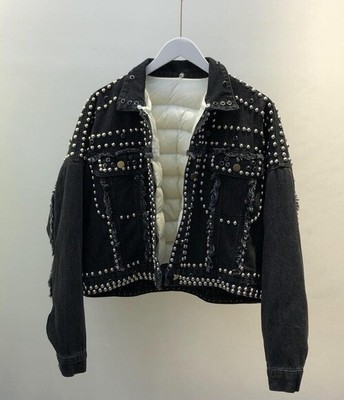 Women  Duck Down Detachable Liner Natural Fur Collar Parkas Rivet Denim Coat