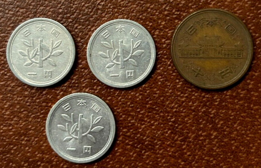 Lot of 4 Vintage Japanese Yen Coins- 3x 1965 1 Yen, 1954 10 Lot of 4 Vintage Japanese Yen Coins- 3x 1965 1 Yen, 1954 10