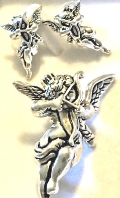 SILVERTONE SLIDE PENDANT EARRING PIN SET CHERUB ANGEL CUPID'S BOW SCARF CLIP NEW
