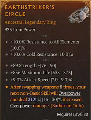  DIABLO 4   SEASON 4 S4 Barbarian Bash Ring Max Attack Speed + Str