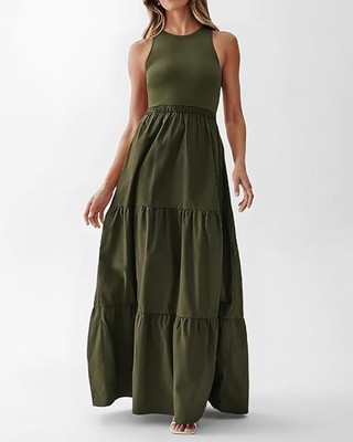 Women's sleeveless dress, wedding long dress, ribbed knit top and pocket skirt