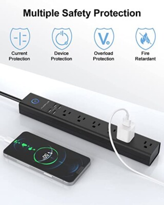 15FT Extension Power Cord Strip Surge Protector 4 USB + 6 Outlets 1250W Max