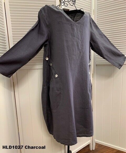 Hld1027 Charcoal Xlarge Nwt Match Point Linen Dress Pocket 3/4 Sleeve Mid Length