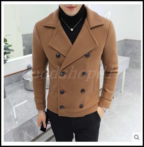 Fashion Mens Wool Blend Short Coat Double Breasted Lapel