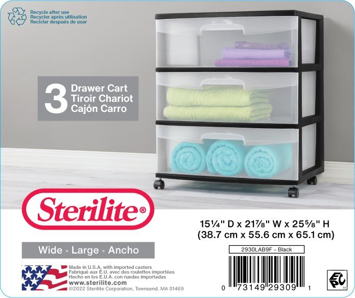 Sterilite Wide 3 Drawer Cart &ndash; Practical and Versatile Storage Solution, Plastic