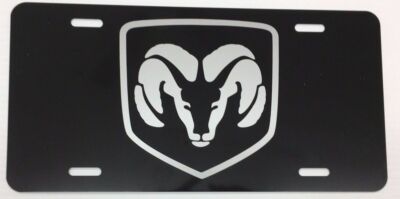 Dodge Ram Head black aluminum license plate tag white ram logo