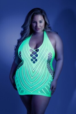 Fantasy Lingerie Glow Shock Value Net Halter Dress Neon Green Queen Size NEW