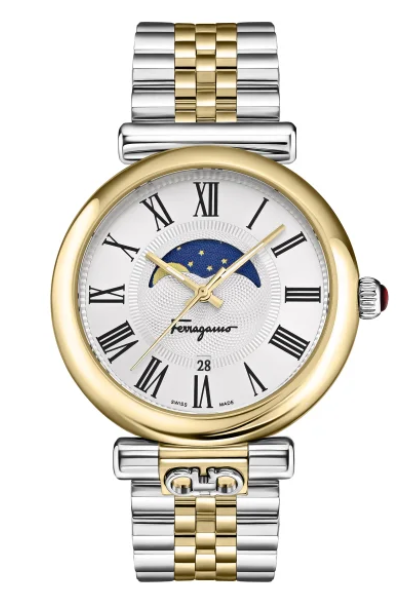 Pre-owned Ferragamo Ora Moon Phase Quartz Silver Dial Ladies Watch Sfuw00422