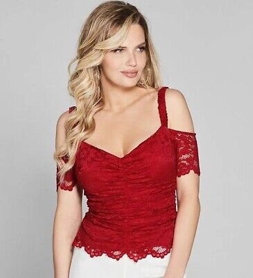NWT Guess By Marciano Red Rosah Lace Cold Off Shoulder Size XS  