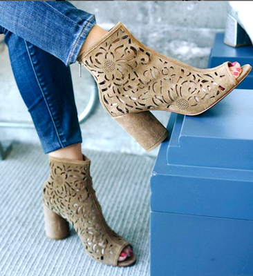 Beige peep shop toe boots
