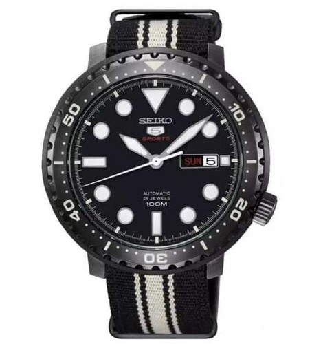 Pre-owned Seiko 5 Sport Bottle Cap Automatic Black Dial Dual Tone Strap Srpc67k1/srpc67