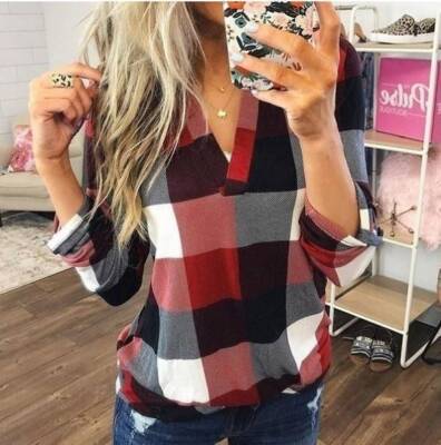 Womens Long Sleeve Casual Loose Blouse Tops Ladies Plaid Check Basic T-Shirt US