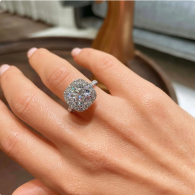 White Cushion Cut Moissanite Halo 925 Sterling Silver Engagement