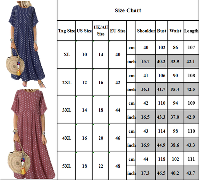 Damen Short Ärmel Polka Dot Langes Kleid Lose Baggy Kaftan Maxikleid Sommerkleid