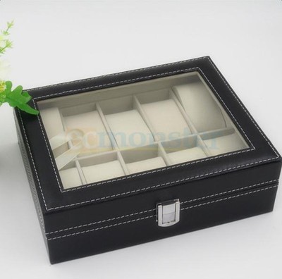 10 Slot Watch Box Leather Display Case Organizer Top Glass Jewelry Storage Black