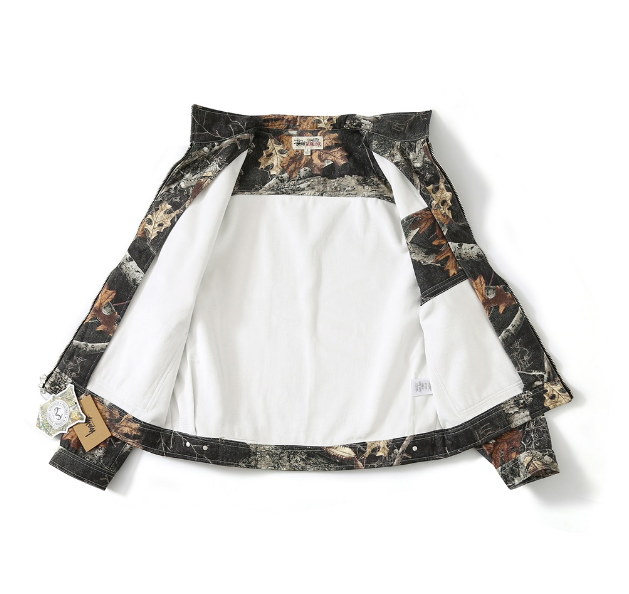 Pre-owned Stussy Men's Camouflage Maple Leaf Print Denim Cargo Jacket Size (s-xl) In Multicolor