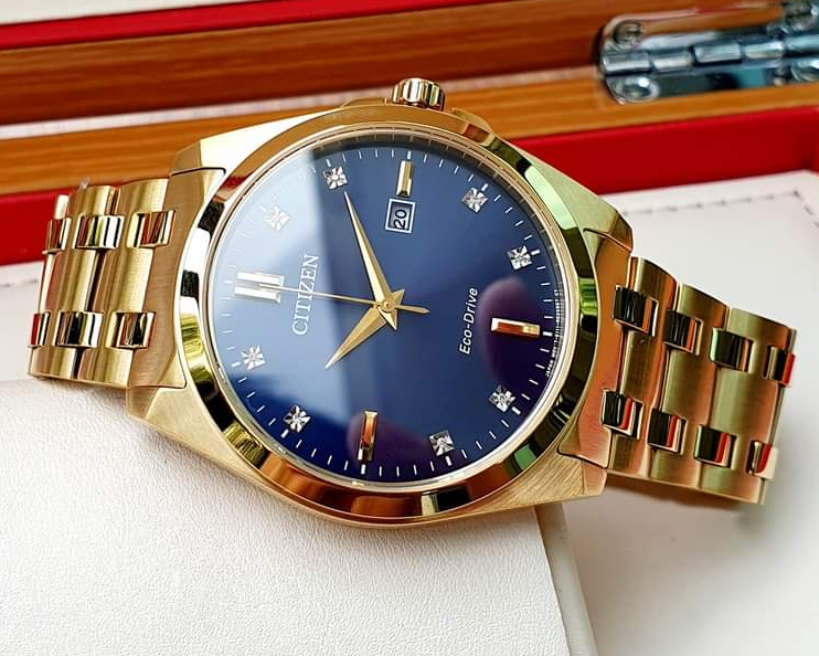 Pre-owned Citizen Peyten Eco-drive Blue Dial Gold Tone Sapphire Crystal Watch Bm7103-51l